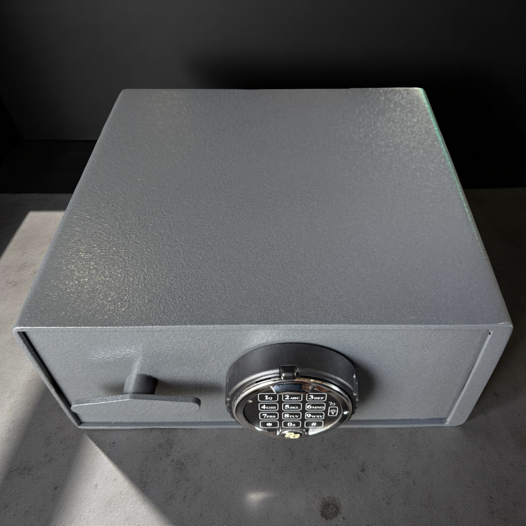 top view of a pistol safe box with electronic lock