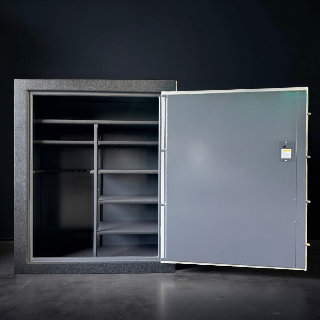 Large metal gun safe with open door on a dark background