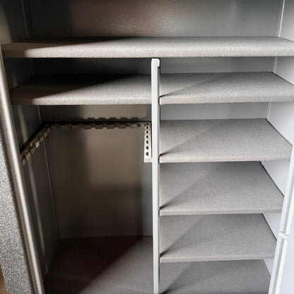 Gun safe shelving unit with textured shelves with a gray finish.