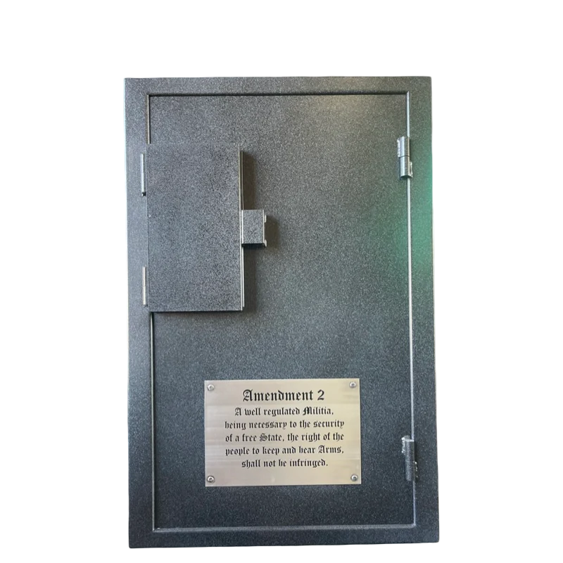  gun safe door with engraved text on a metallic plaque transparent background