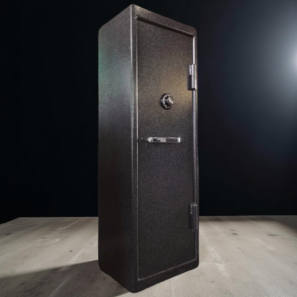 Side view of gun safe in dark room