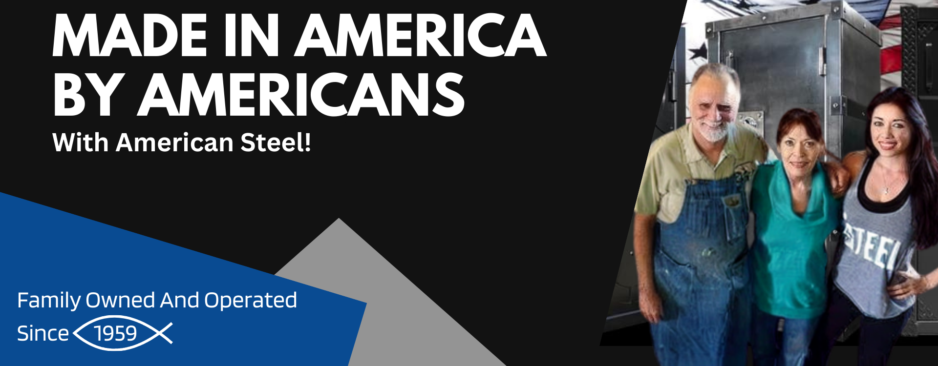 family standing in front of gun safes in an advertisement 