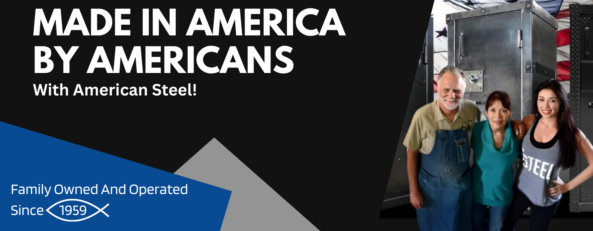 Advertisement with text 'Made in America by Americans' and a family standing in front of gun safes.