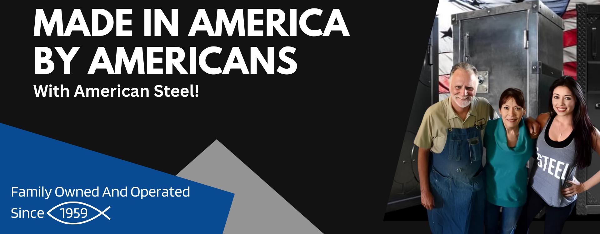 Advertisement with text 'Made in America by Americans' and a family standing in front of gun safes.