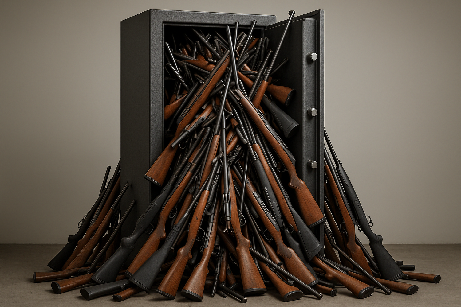 create a realistic image of a 6ft tall gun safe overstuffed with rifles. let riffles be pouring out of it. 