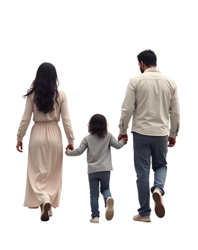 Back view of a family of three walking together on a clear background for sturdy gun safe