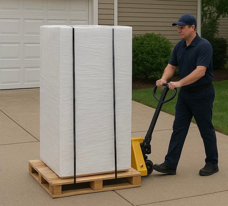freight driver moving a gun safe on a pallet
