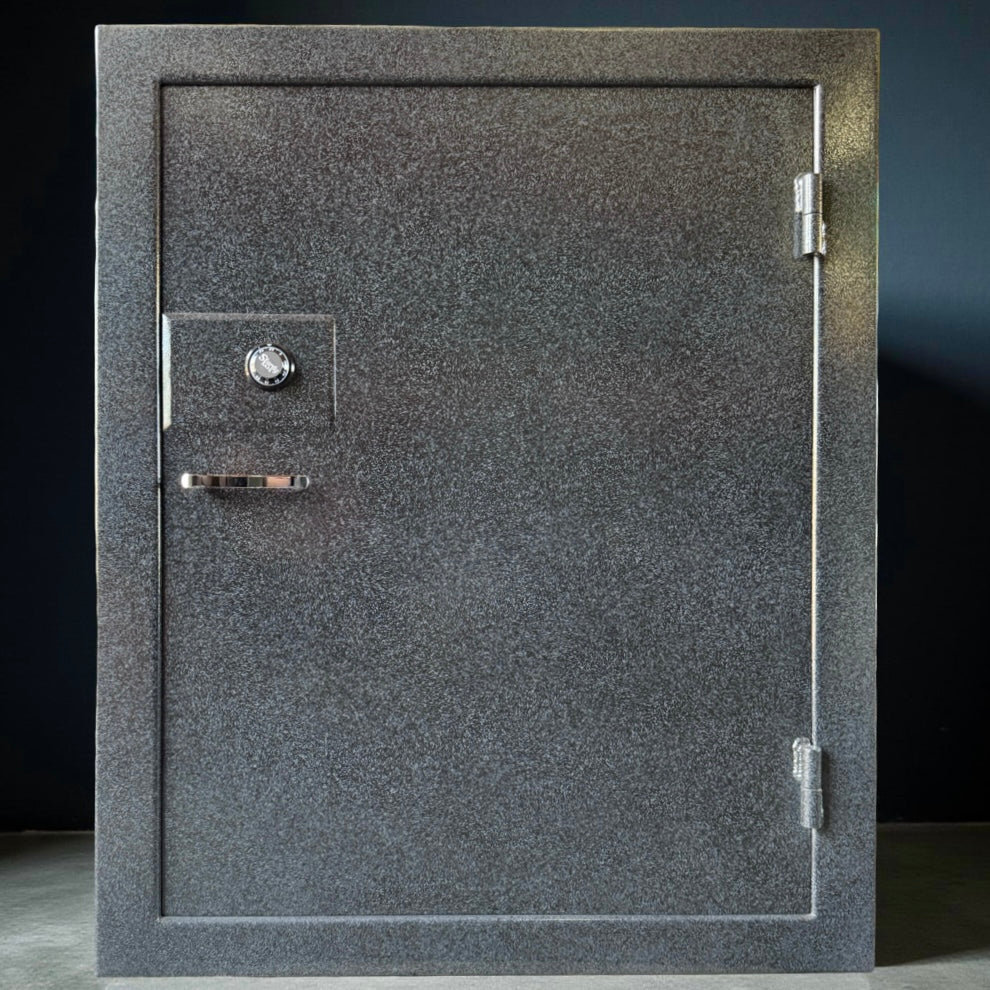 front view of large gray gun safe