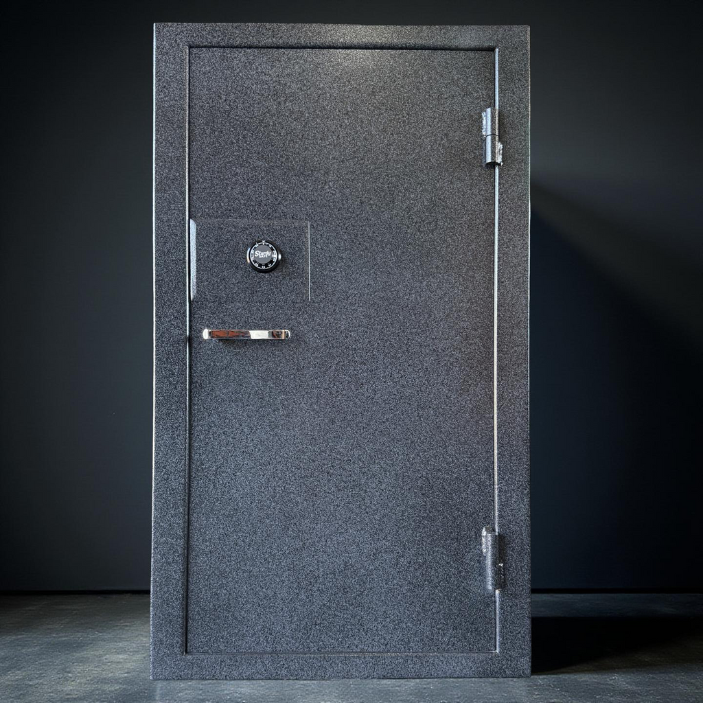 Gray gun safe with a metallic handle on a black background