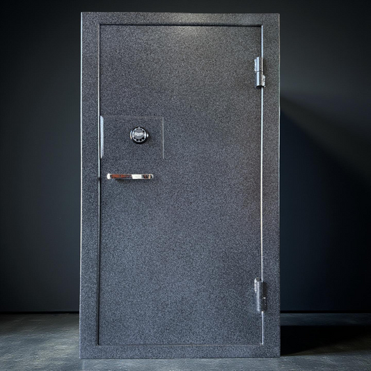 Gray gun safe with a metallic handle on a black background