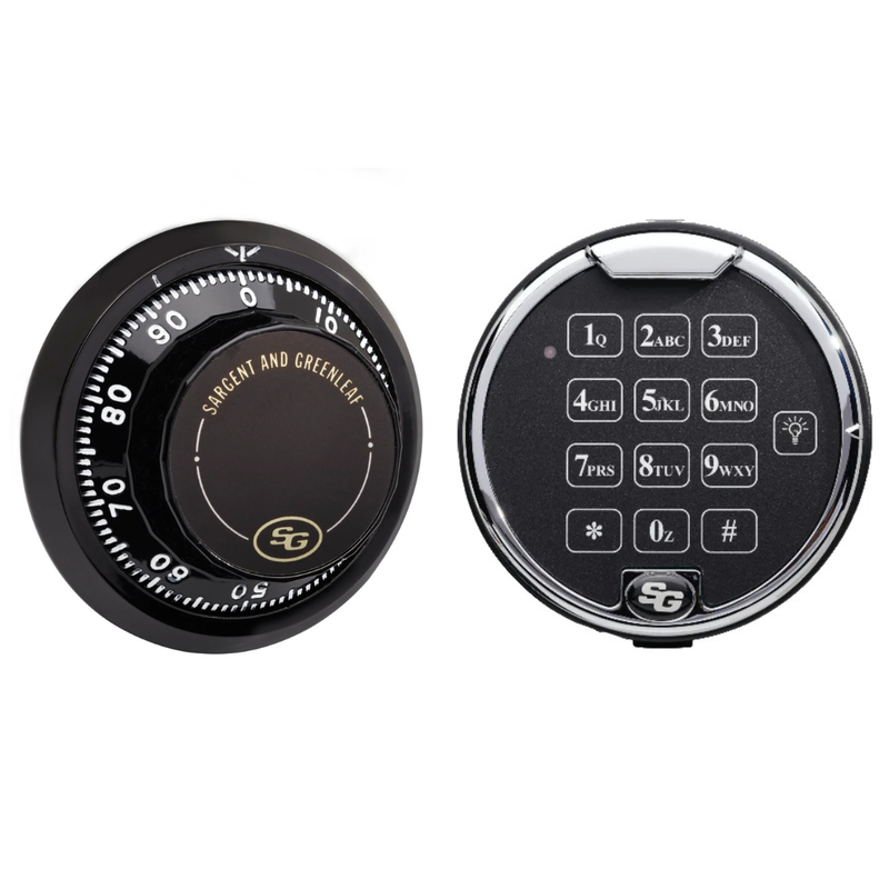 Two types of locks, a combination lock and a digital keypad lock for gun safes on a white background.