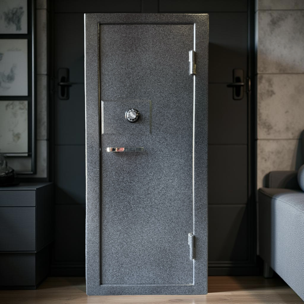 Gray gun safe in a room with furniture and decor