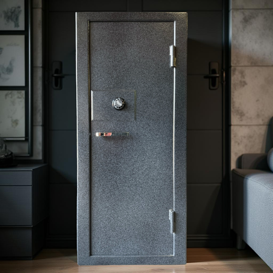Gray gun safe in a room with furniture and decor