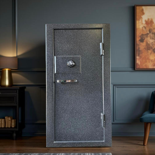 Large gray gun safe in a room with a lamp and wall art.