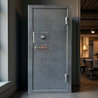 Gray gun safe with a modern interior setting