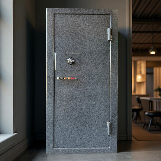 Gray gun safe with a modern interior setting