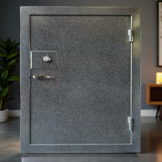 gun safe door in a room with a plant and furniture.