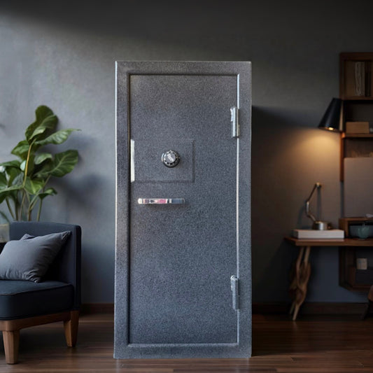 Large gray gun safe in a room with a plant and furniture.