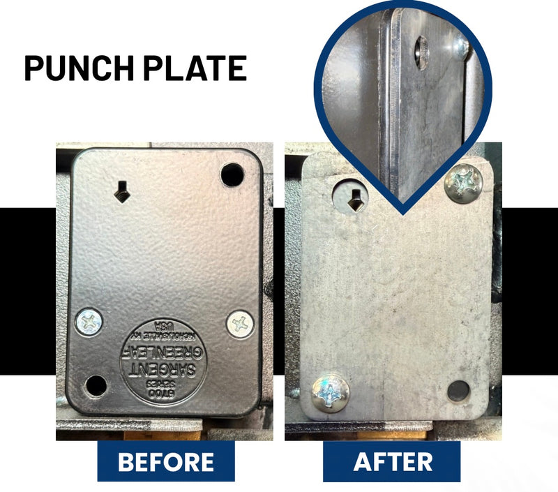 Before and after comparison of a gun safe lock punch plate with visible branding.