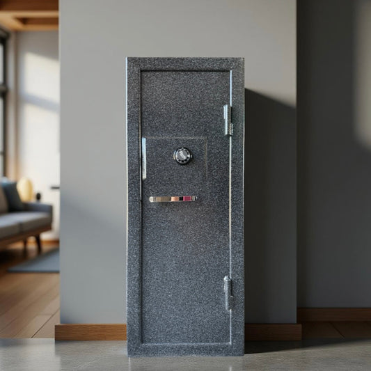 Modern gray gun safe door in a home interior setting