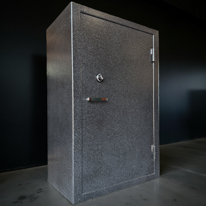 side view of gun safe against black wall
