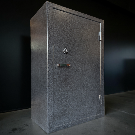 side view of gun safe against black wall