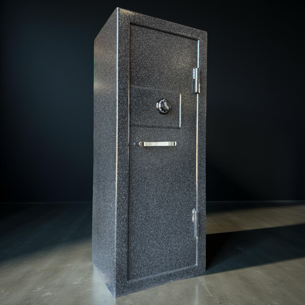 side view of gun safe door on a dark background