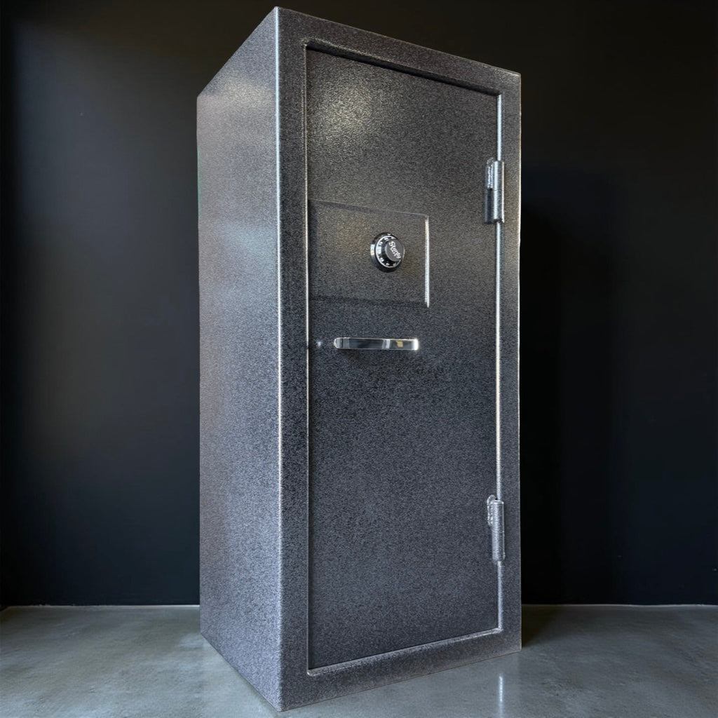 side view of gun safe with lack background