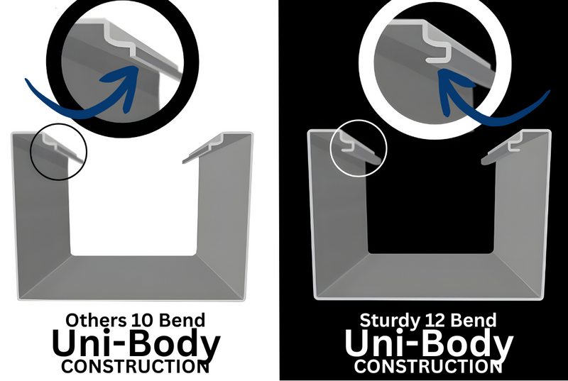 Comparison of  gun safe 10 Bend Uni-Body Construction' and 'Sturdy 12 Bend Uni-Body Construction' on a white and black background.