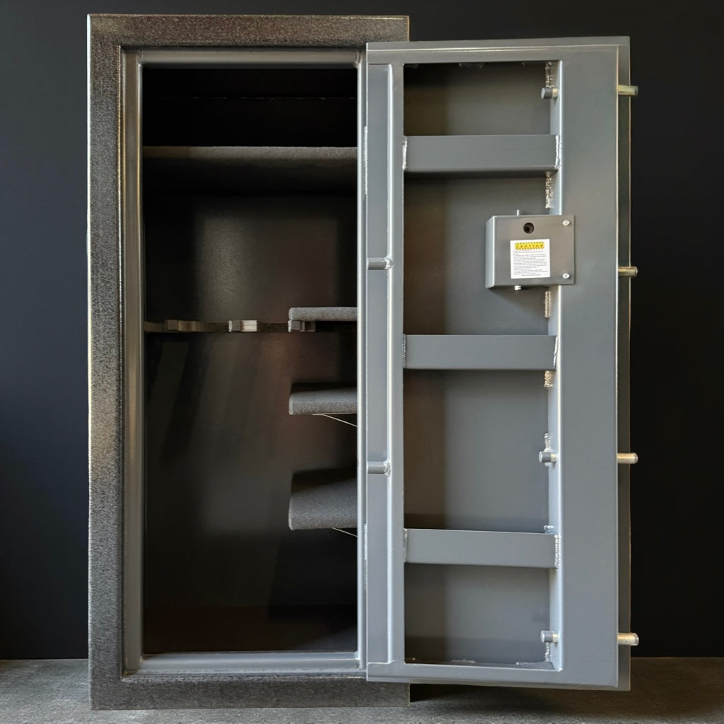 Open gray gun safe with visible interior shelves against a dark background