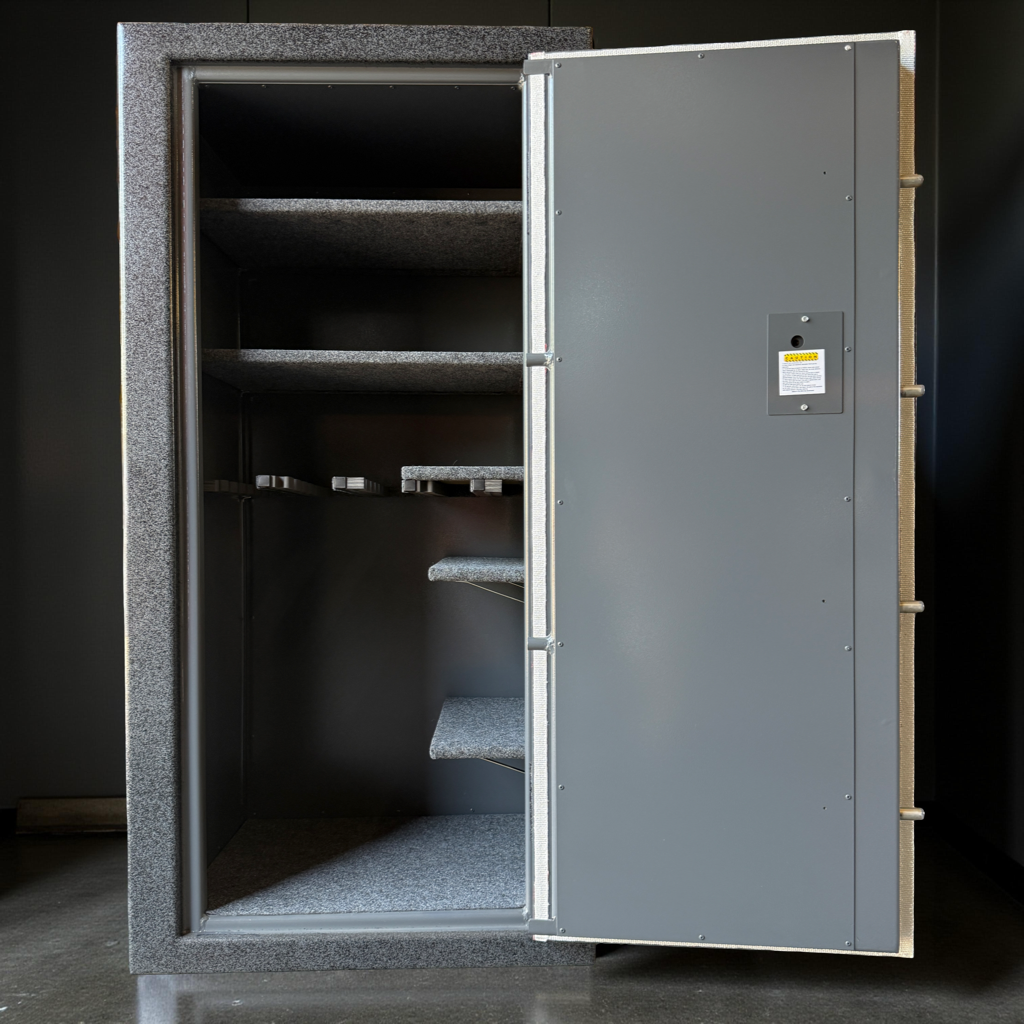 Large metal gun safe with open door on a dark background