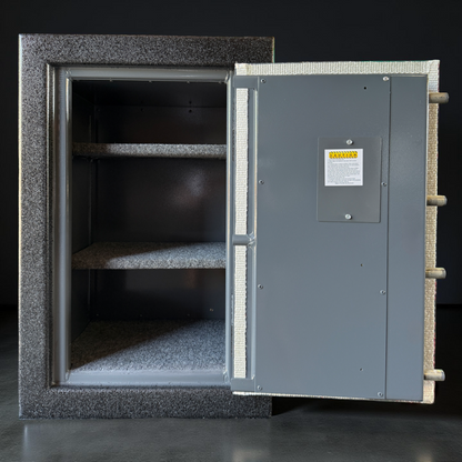 Open pistol safe with shelves inside on a black background