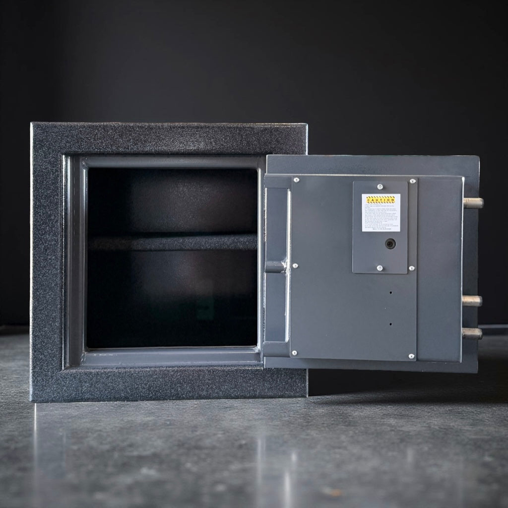 gray pistol safe with door open