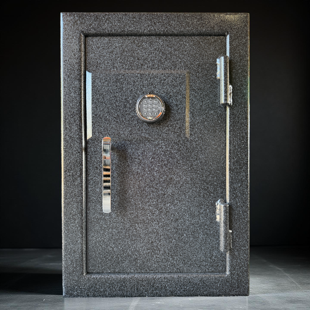 pistol safe door with an electronic lock on a black background