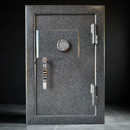pistol safe door with an electronic lock on a black background