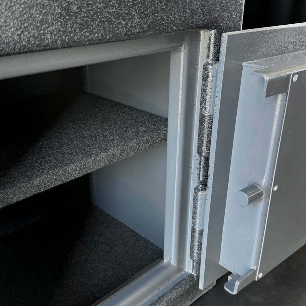 pistol safe with the door open and shelving view