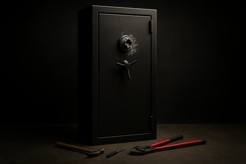 show a 5ft tall gun safe with a burglar trying to break into a safe with it's dial busted off. The burglar is using a punch and a hammer in a hole where the dial was. 