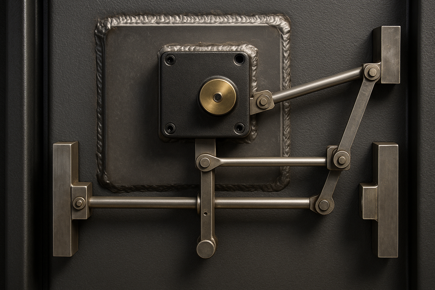 Show a gun safes linkage with a hard plate welded directly to the door where the lock body is for the spin dial. don't show a dial, just the lock body. 