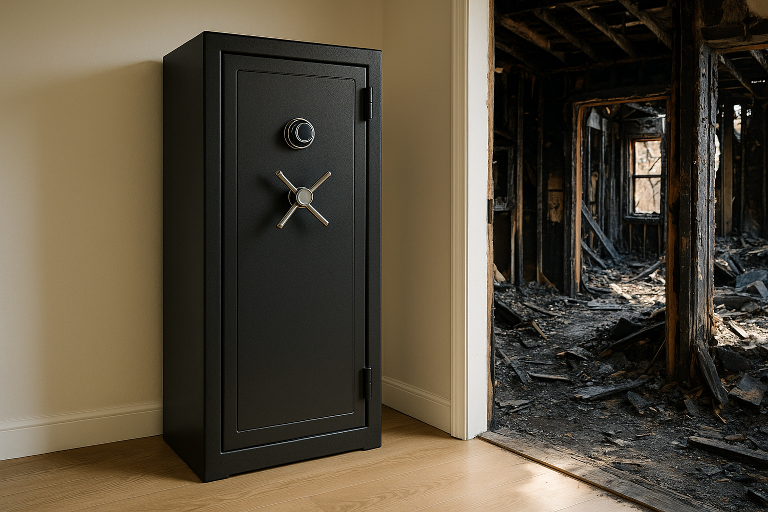 show a realistic image of a 5ft tall security safe in perfect condition inside of a house that is half burned down from a fire. The side of the house that is not burned down is where the safe is located. 