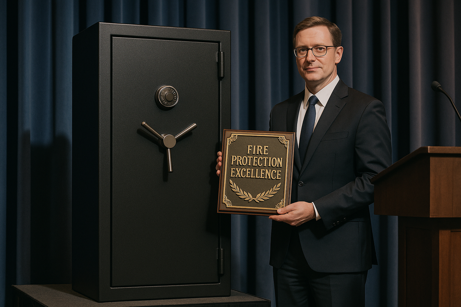 Show a realistic image of a fake award being given to a 5ft tall security safe for fire protection.