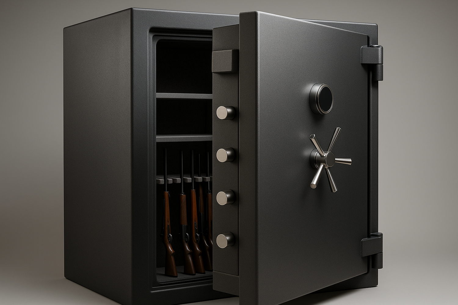 Show a realistic image of a gun safe with its door open enough to see that the door is incredibly thick. 