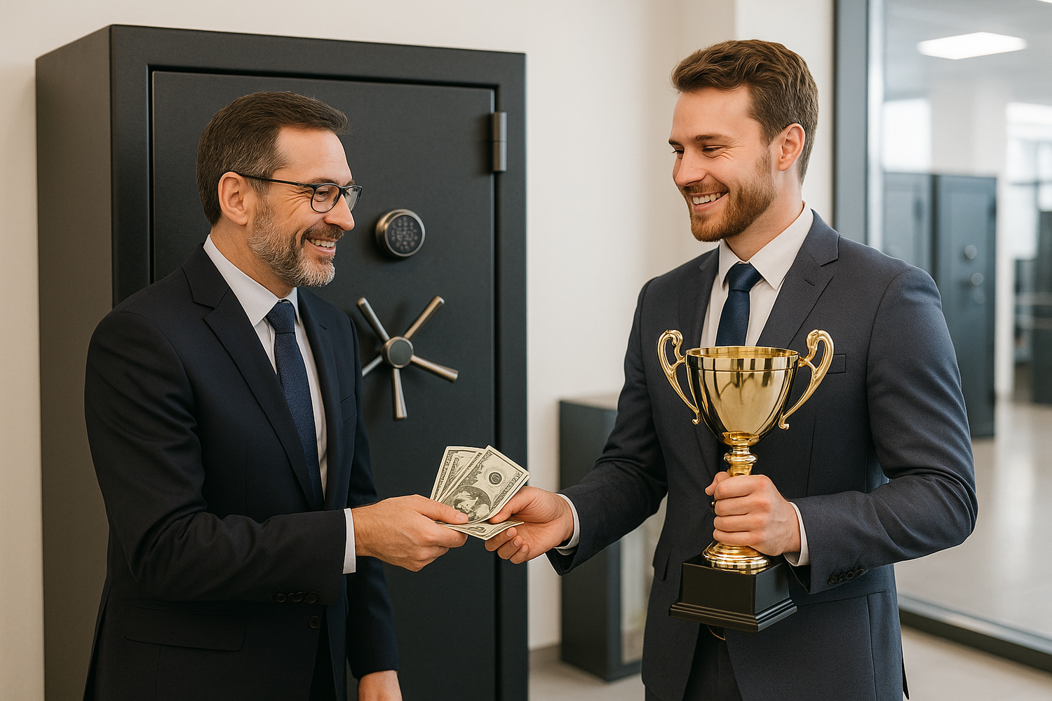 show a realistic image of a man giving another man money for an award with a 5ft tall security safe in the background.