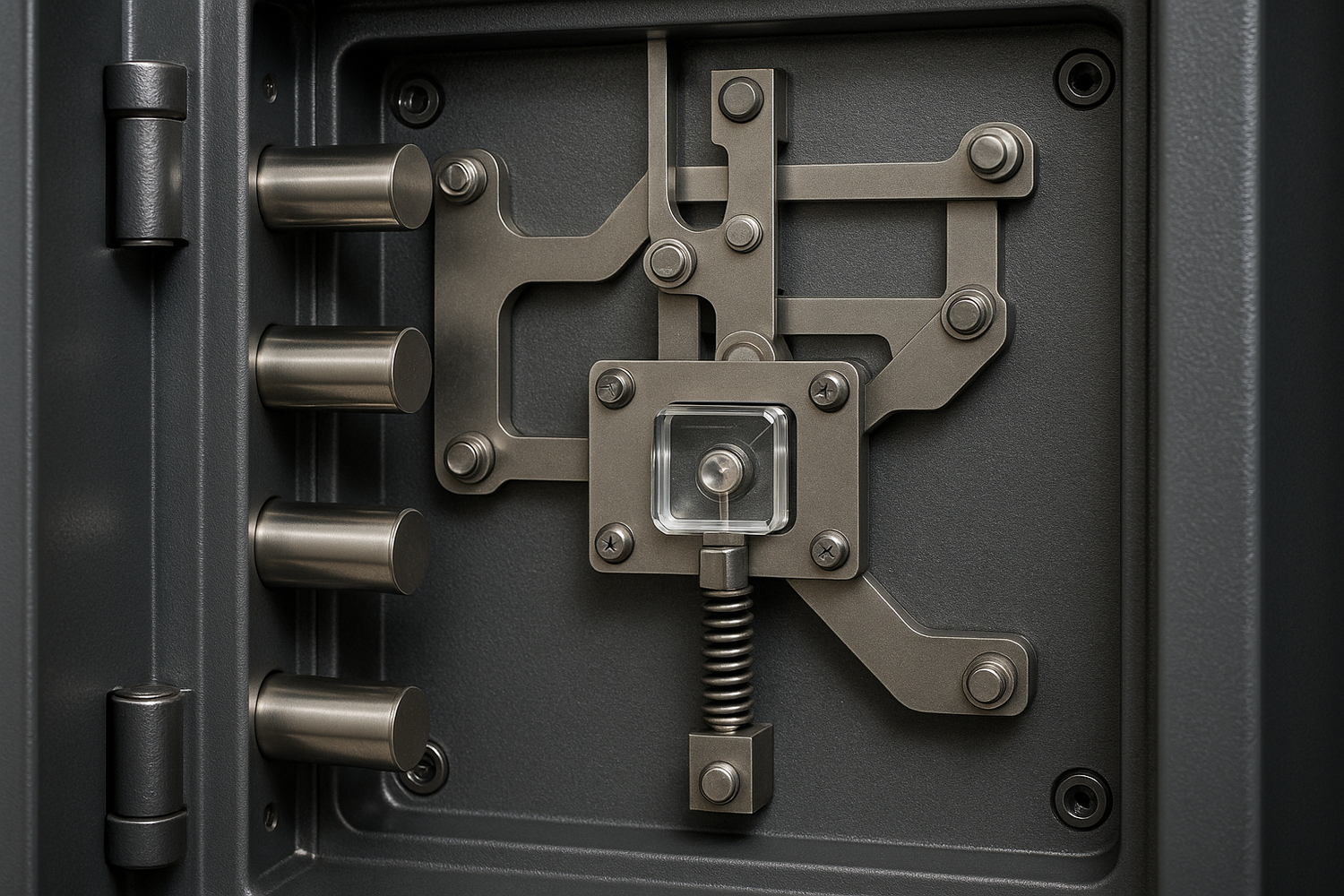 Show a realistic image of the inside of a security safe door with a glass relocker connected to a spring. 