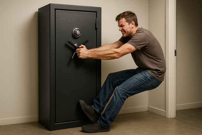 show an image of a 5ft tall gun safe and and it's owner trying to get in by pulling hard on the door. They even have their foot braced against the jamb to try to open it while pulling on the handle. 