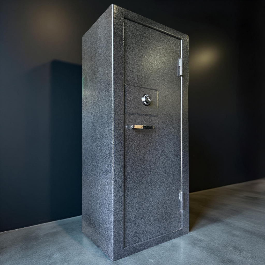 side view of Gray gun safe against a dark wall