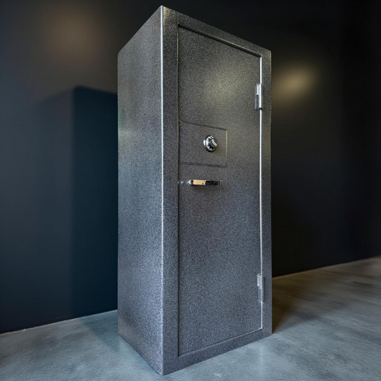 side view of Gray gun safe against a dark wall