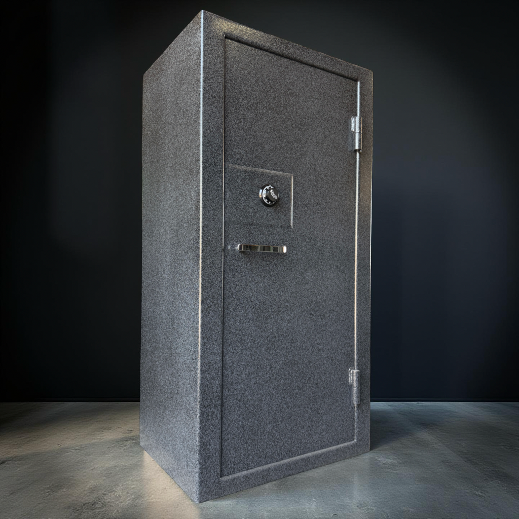 side view of gray gun safe with a metallic handle on a dark background