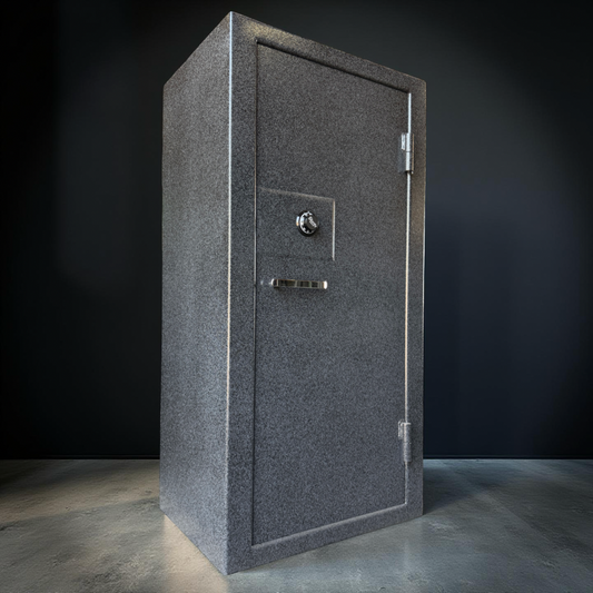 side view of gray gun safe with a metallic handle on a dark background