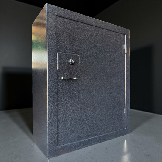 large gun safe box on a reflective surface with a dark background