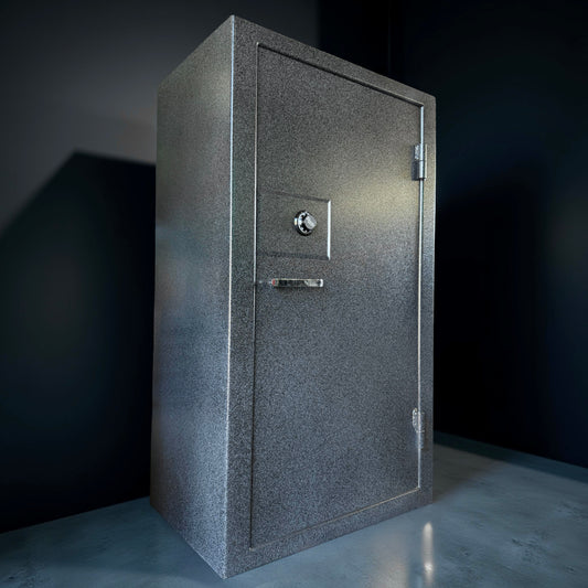 side view of gun safe door on a dark background